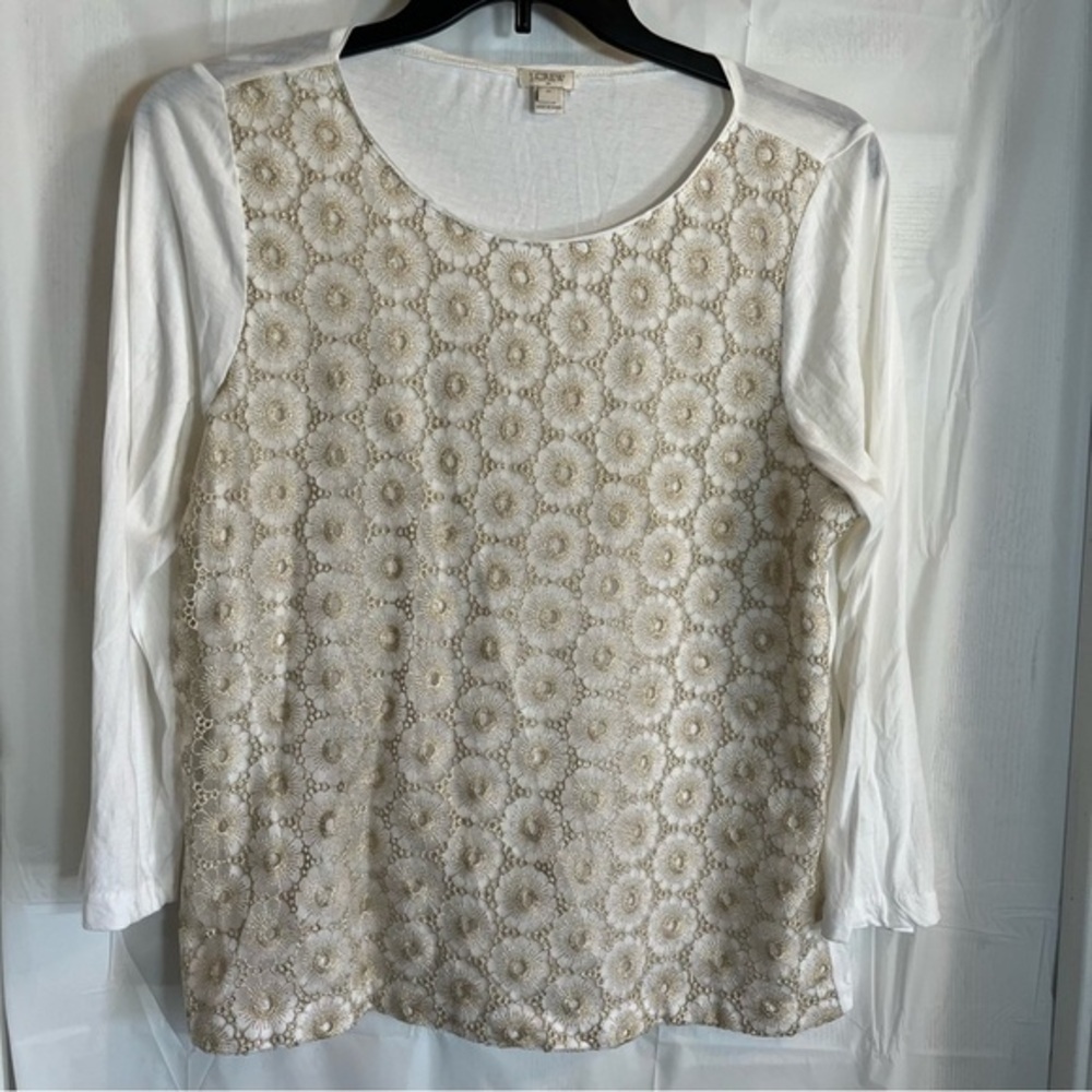 J Crew Floral Lace Overlay Blouse Womens Size XL Dainty Feminine Boho Chic White